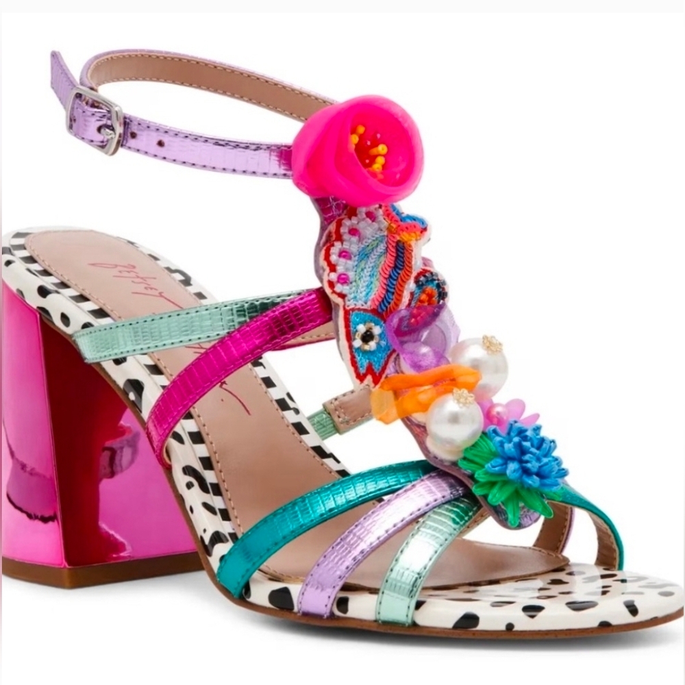 🩷🔹️Betsey Johnson🔹️ Pink Multi AZALLIA Embellished Heels Size 8.5 - Picture 1 of 4